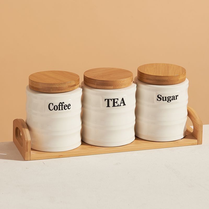 Kitchen Baking Canisters - 세라믹 보관 용기 3종 세트(대나무 뚜껑
